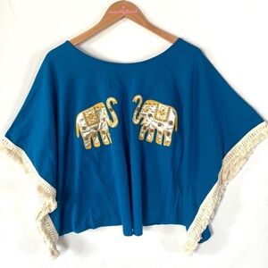 VaVa Appliqued Elephant, Blue Tunic Top, Angel Sleeve Poncho with Fringe, Size M